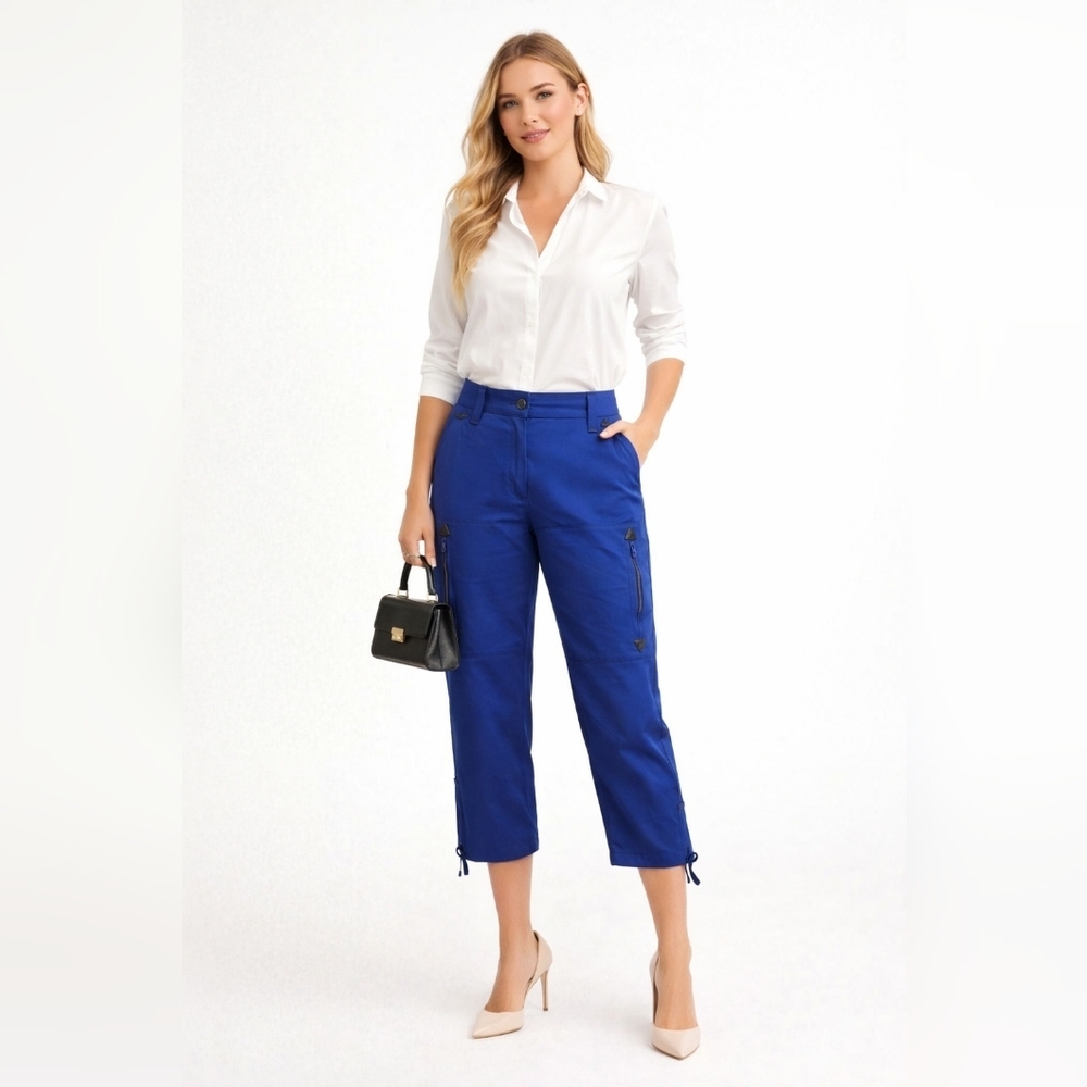 Moschino Blue Pants, Size 8, 100% silk waist 16.5 Rise 8"